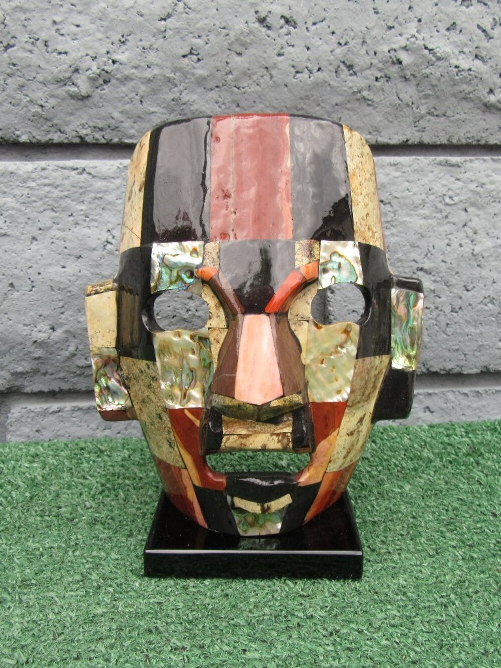 Vintage Mexican Semi Precious Stone Mosaic Mask Abalone Onyx Aztec Mayan
